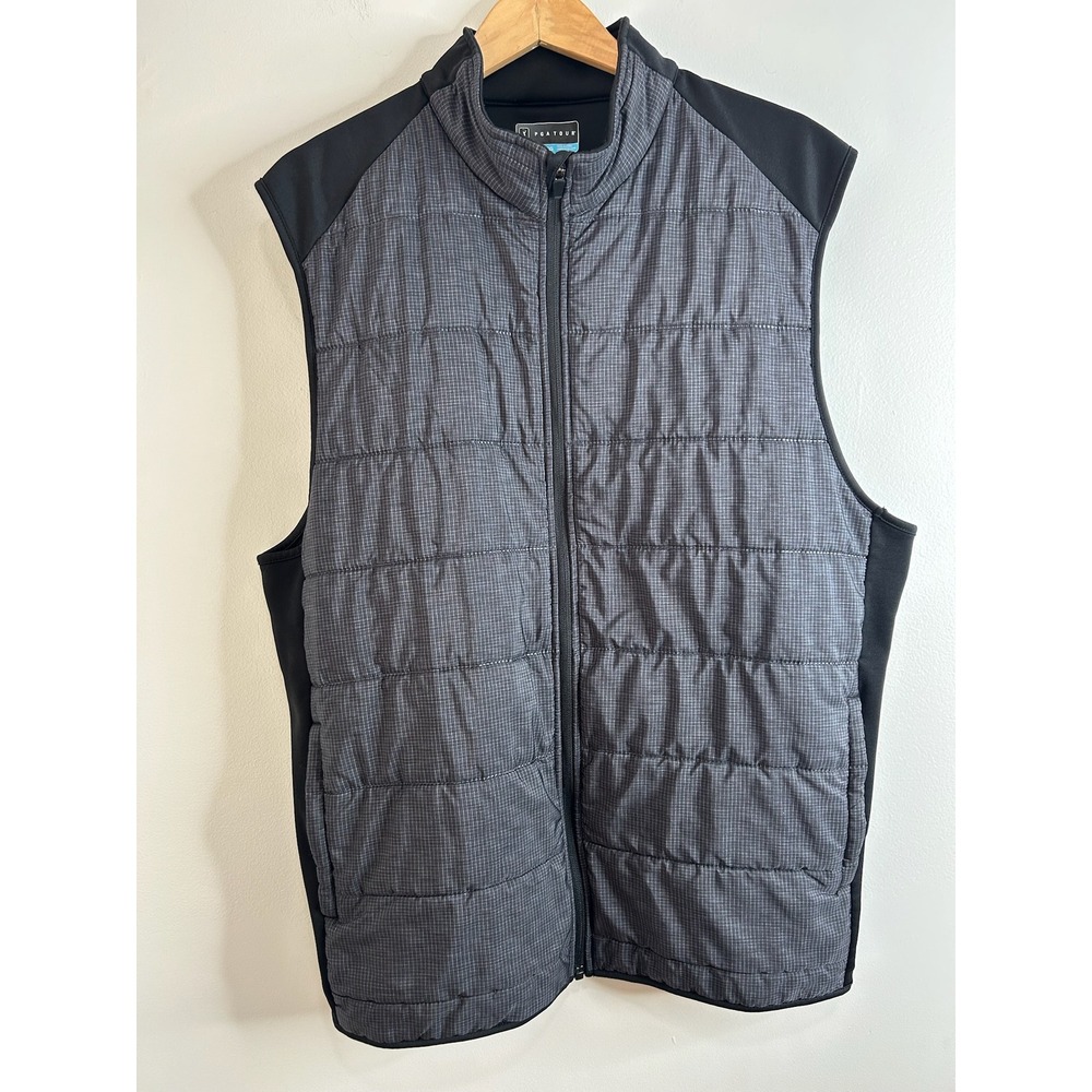 PGA Tour Quilted Puffer Vest Mens XL Black Gray Plaid Outdoor Lightweight Golf